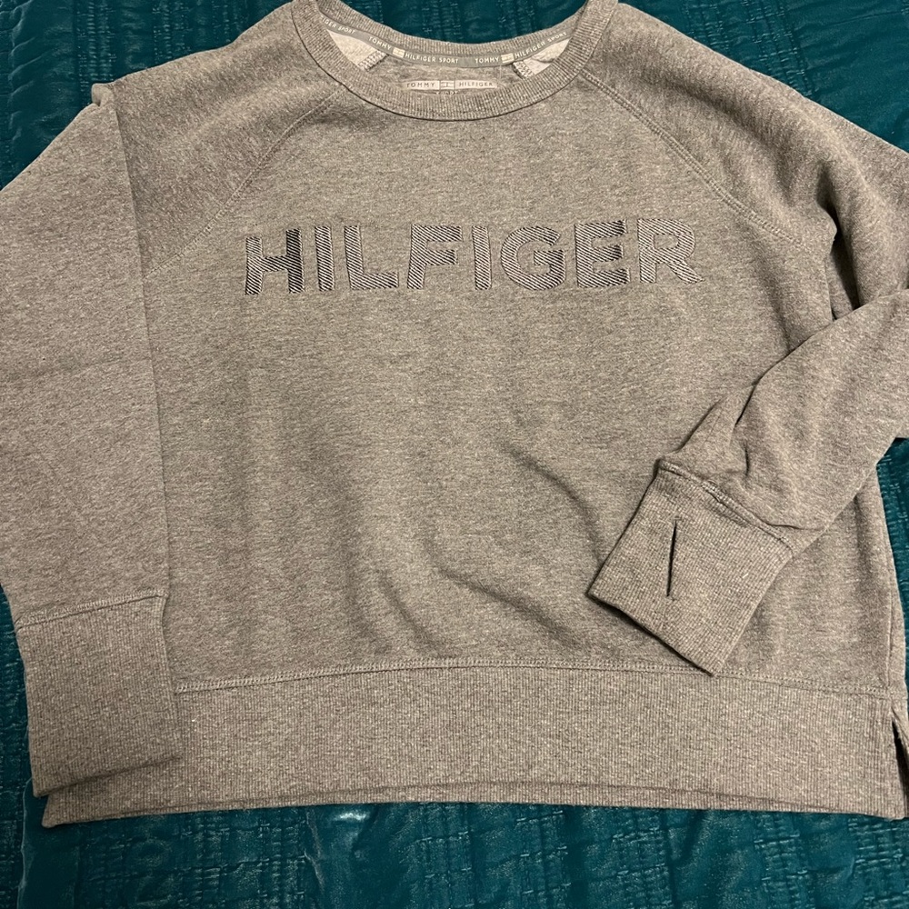 Tommy Hilfiger Sport Womens Crop Crew Neck Sweatshirt Gray Embroidered Medium